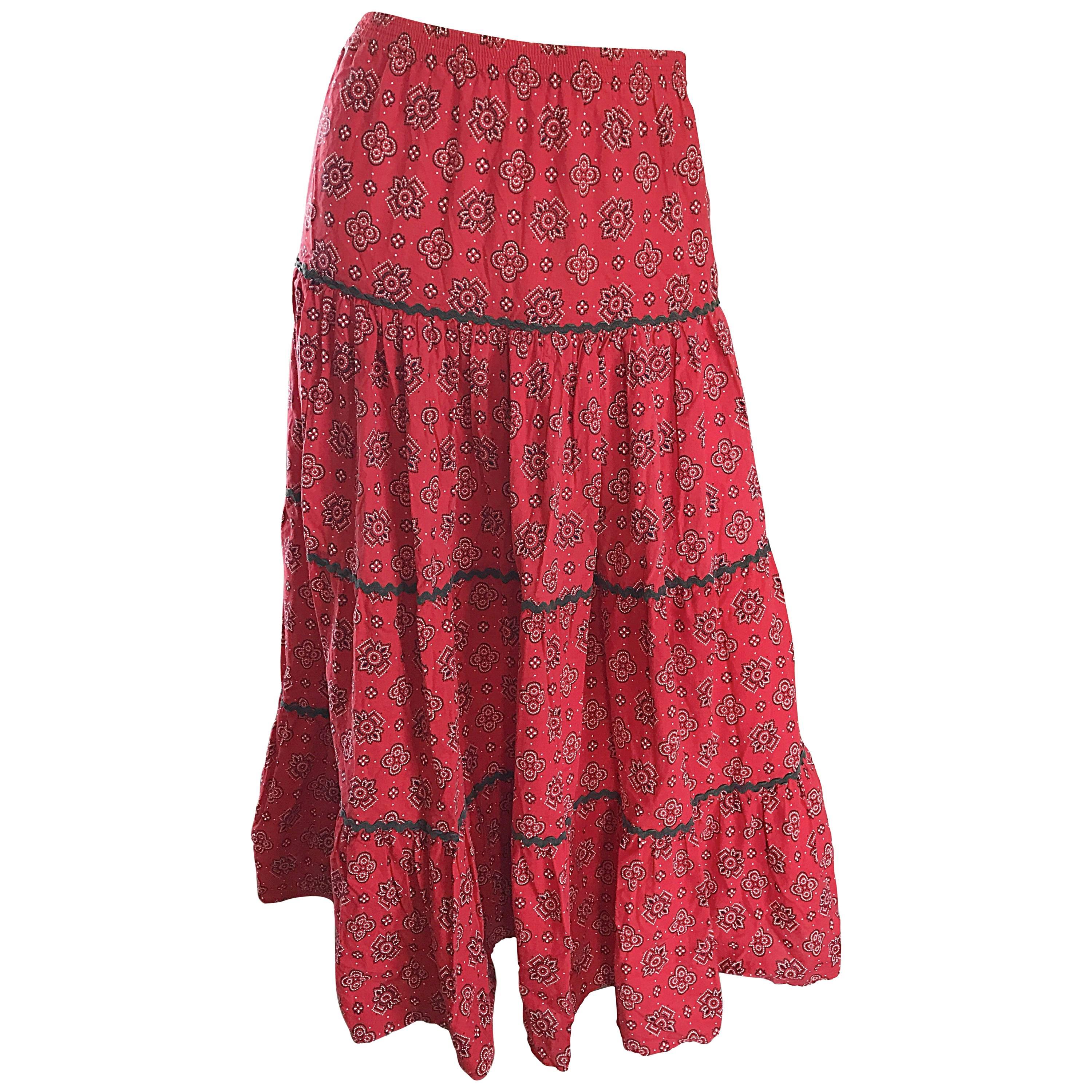 1970s Joseph Magnin Bandana Print in Red Paisley Tiered Midi Boho Skirt or Dress