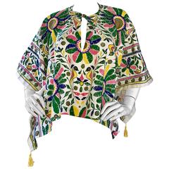 1970s Boho Hand Painted Hippie Ethnic Tassel Vintage 70s Cotton Poncho Cape Top 
