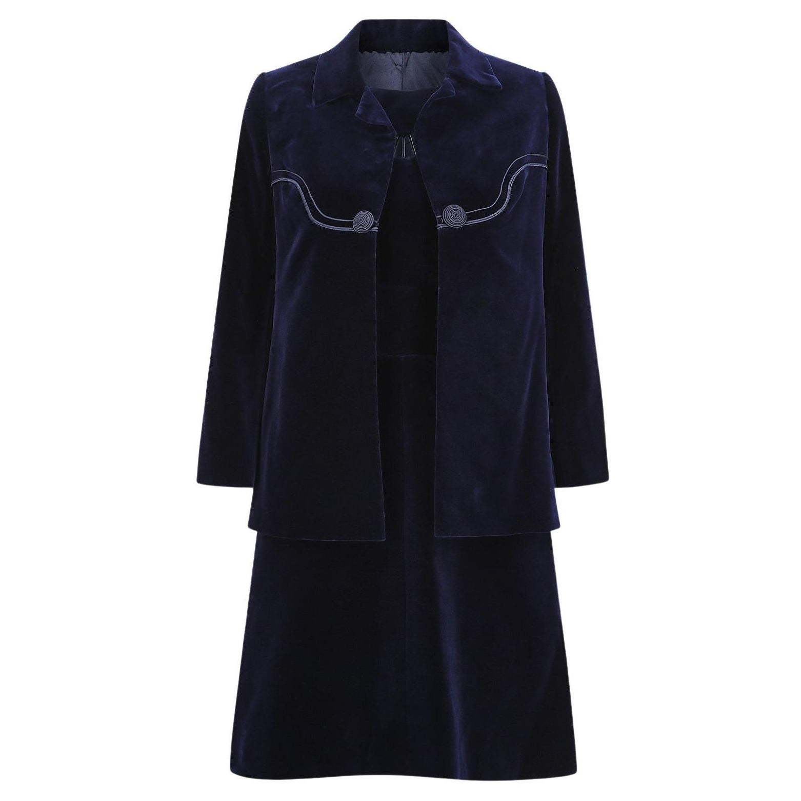 1960s Carven Haute Couture Costume habillé en velours Soutache marine en vente