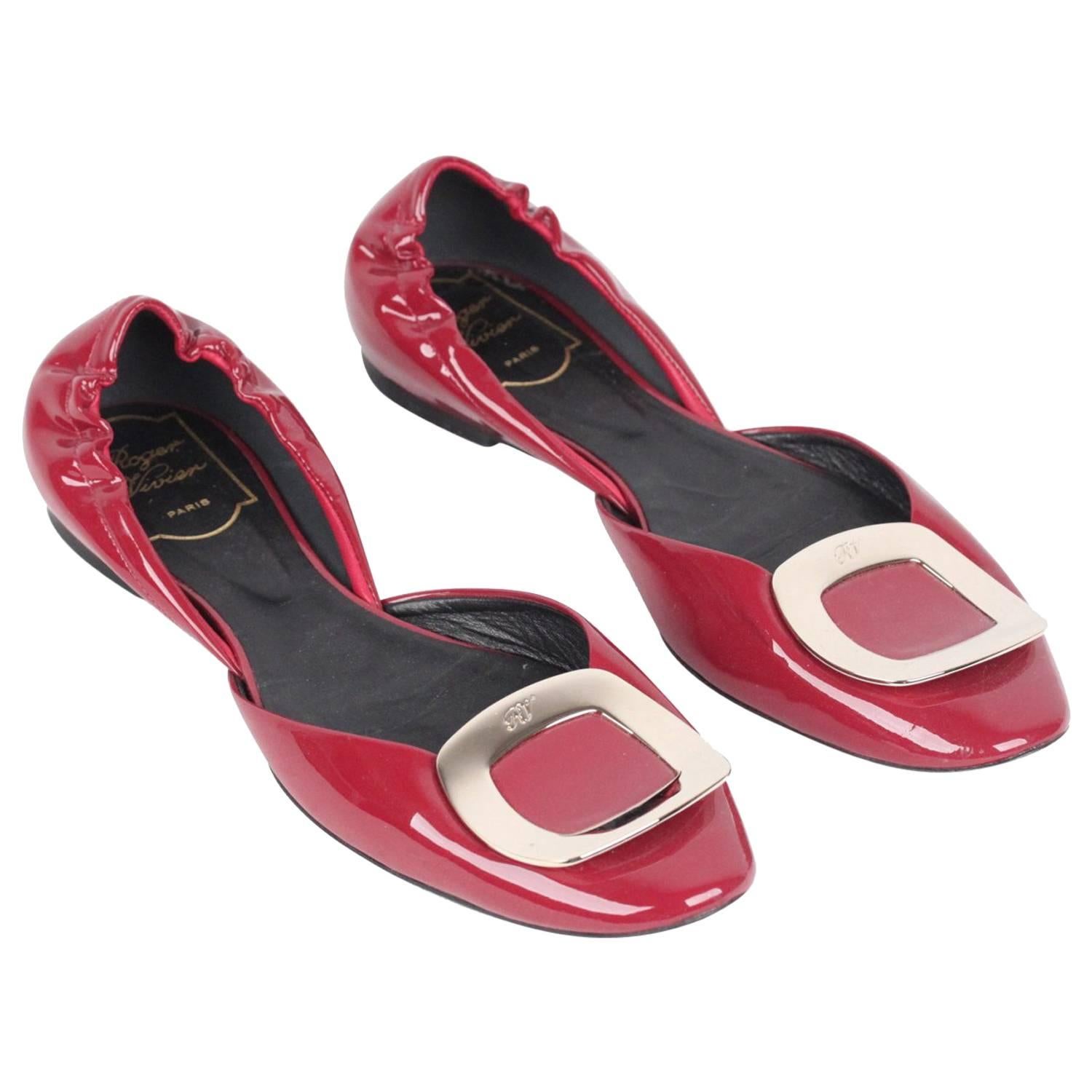 ROGER VIVIER Burgundy Patent Leather CUT OUT BALLERINA Flat Shoes SIZE 38