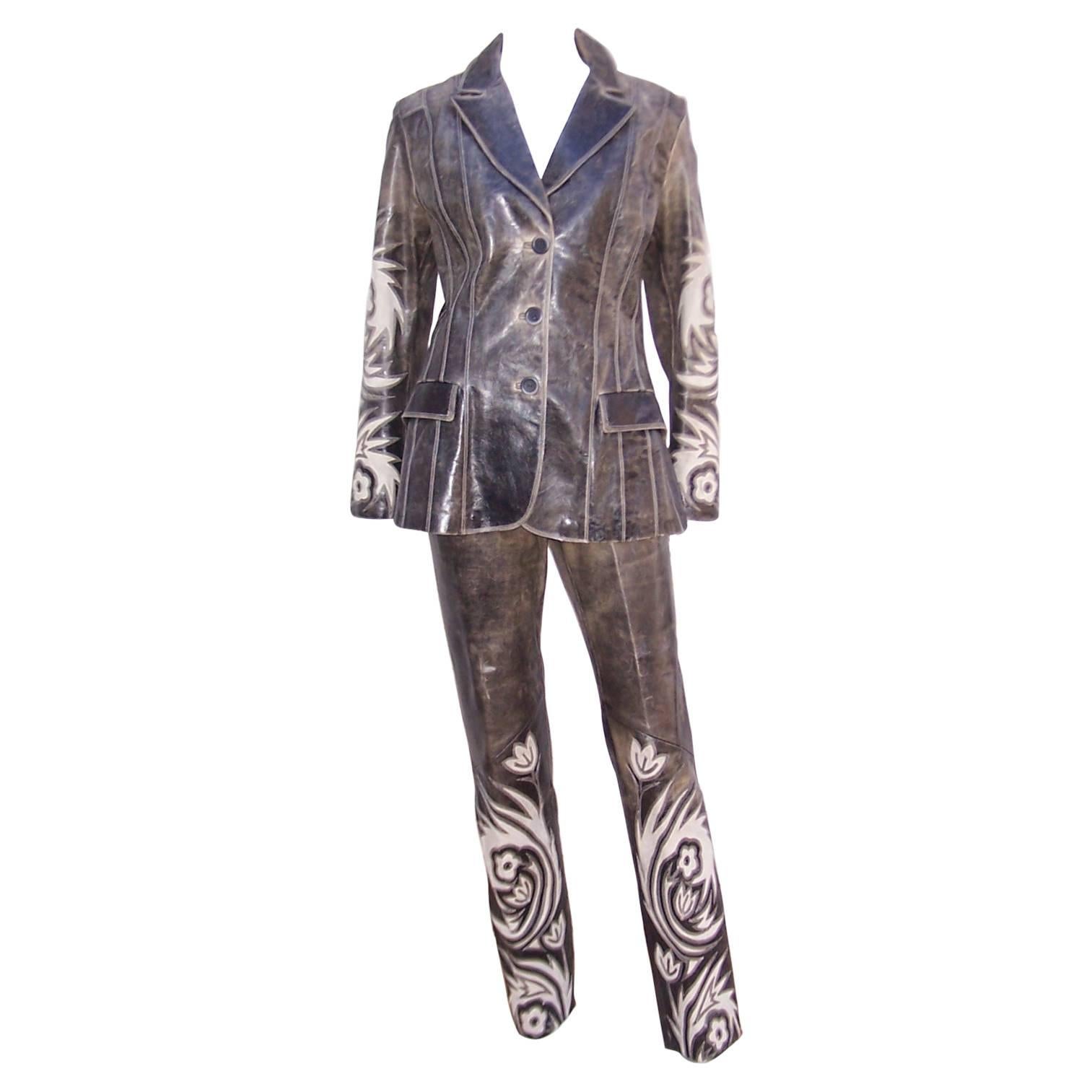 Hip 1990's Roberto Cavalli Stitched Distressed Leather Jacket Pant Suit
