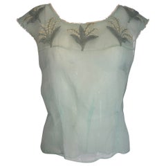 Vintage 1950s Mint Green Organza Hand Embroidered with Lilly of the Valley Summer Top