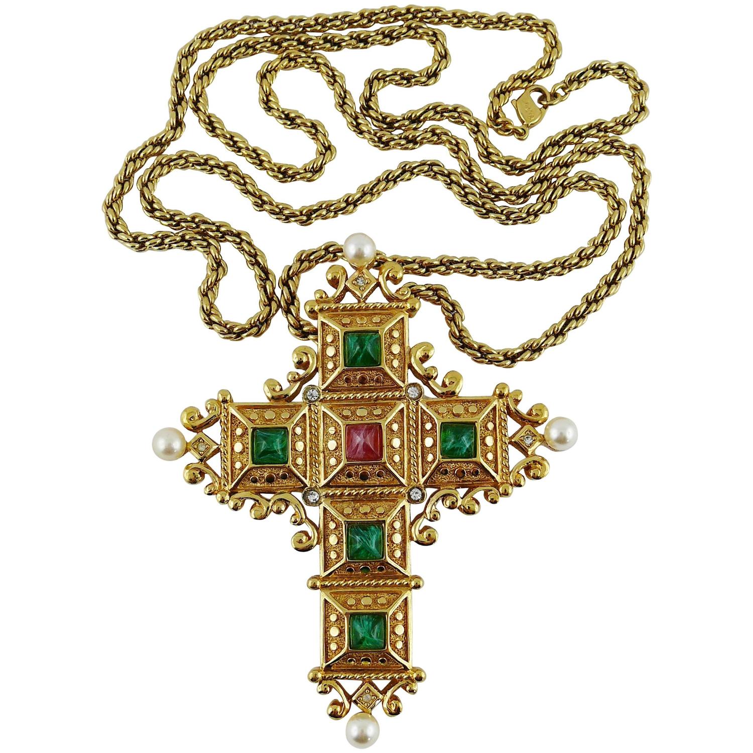 Christian Dior Vintage Bejeweled Cross Pendant Necklace Brooch For Sale