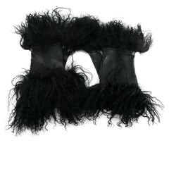 Yohji Yamamoto Black Leather and Mongolian Lamb Fur Fingerless Gloves Size 7