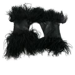 Yohji Yamamoto Black Leather and Mongolian Lamb Fur Fingerless Gloves Size 7 1