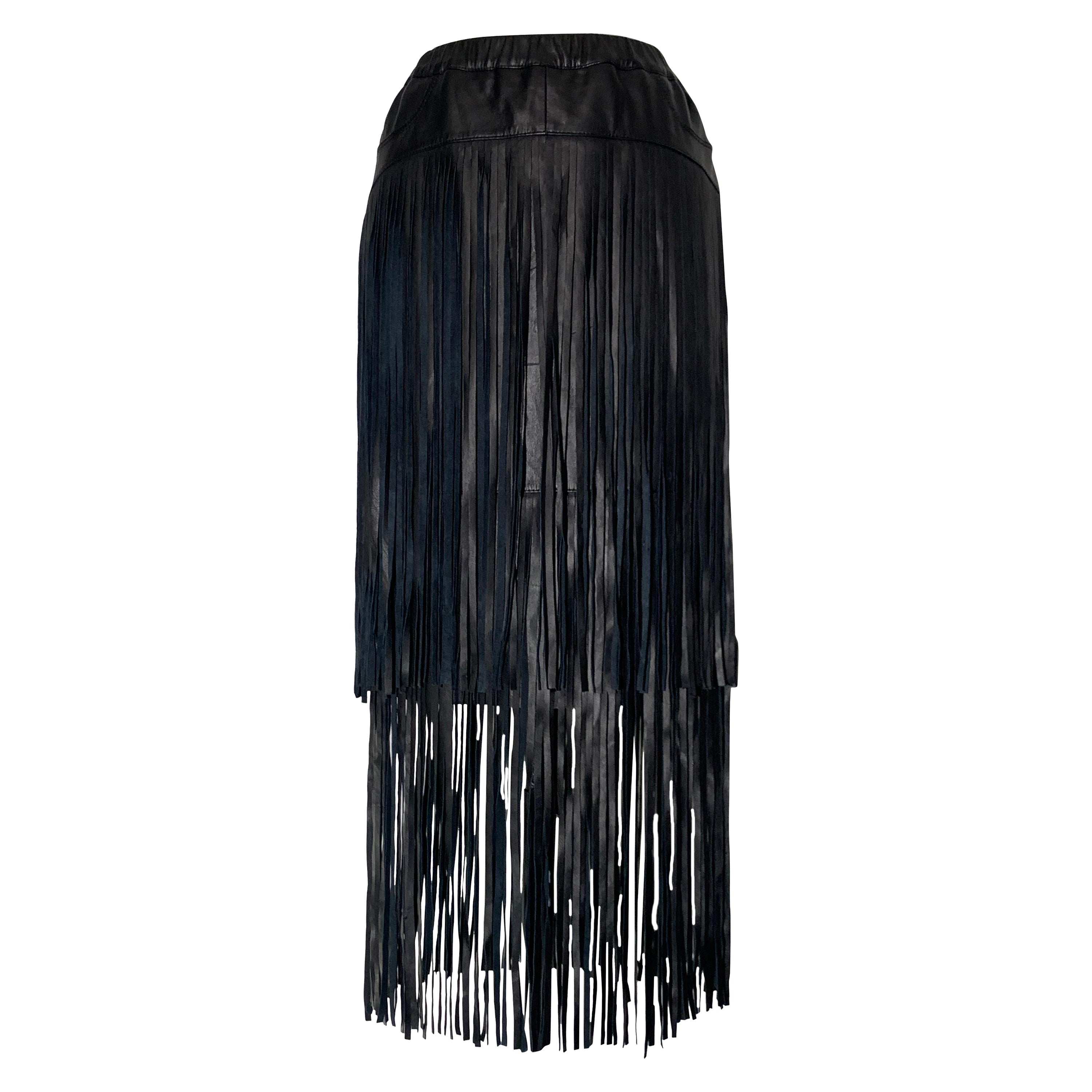 Black Leather Cowgirl Mini Skirt w/ Double Tiered Leather Peek-A-Boo Fringe For Sale