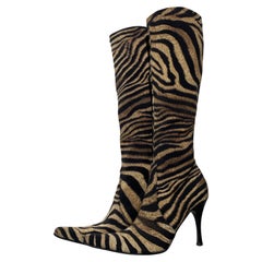 Used Zebra-Patterned Knee-High Stretch Stiletto Boots 