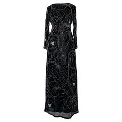 Vintage 1970s Black Silk Maxi Gown w Silver & White Beadwork in Deco-Style Florals