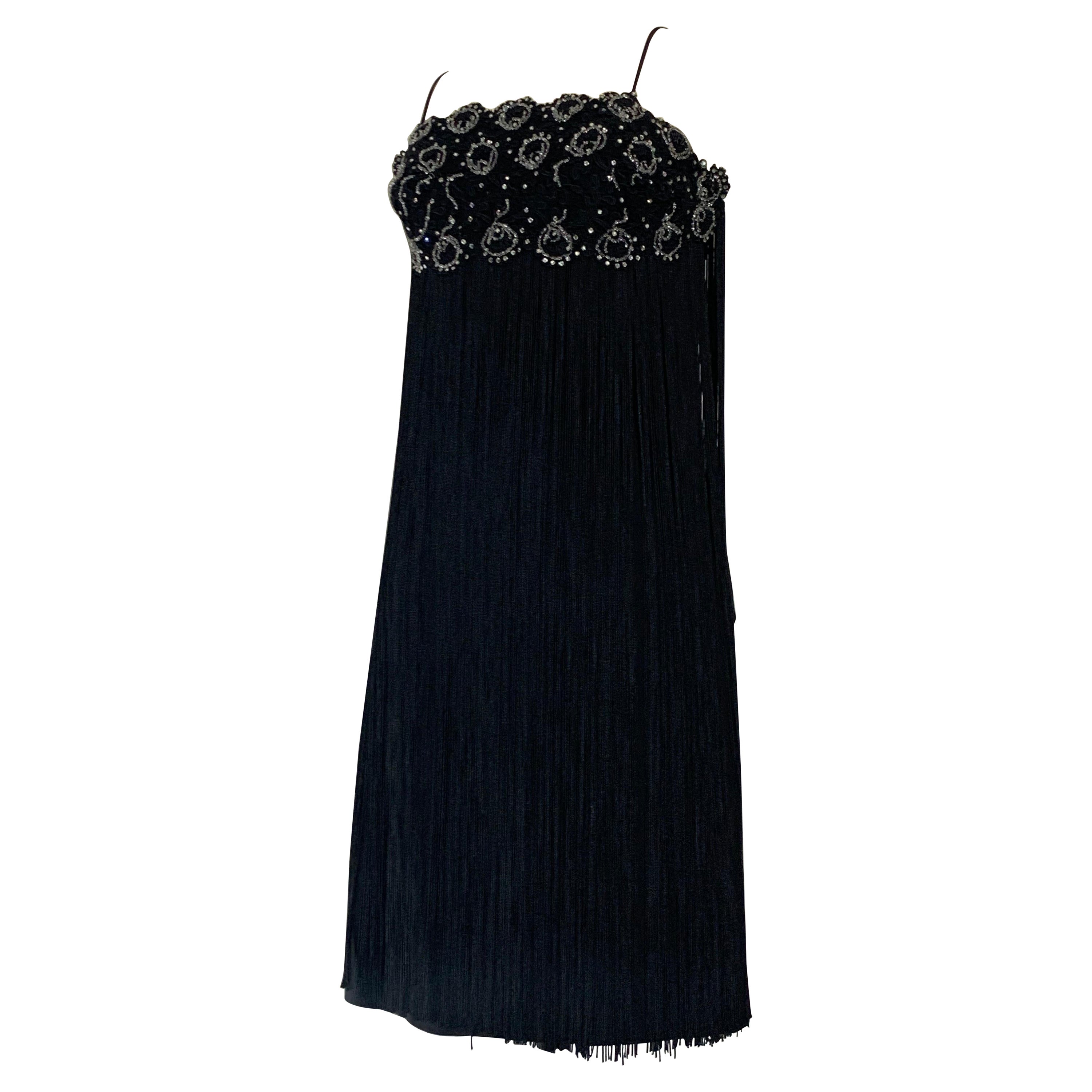 1960s Black Beaded Lace Bodice Cocktail Sheath Dress w Outrageous Fringe For Sale