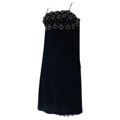 1960s Black Beaded Lace Bodice Cocktail Sheath Dress w Outrageous Fringe 