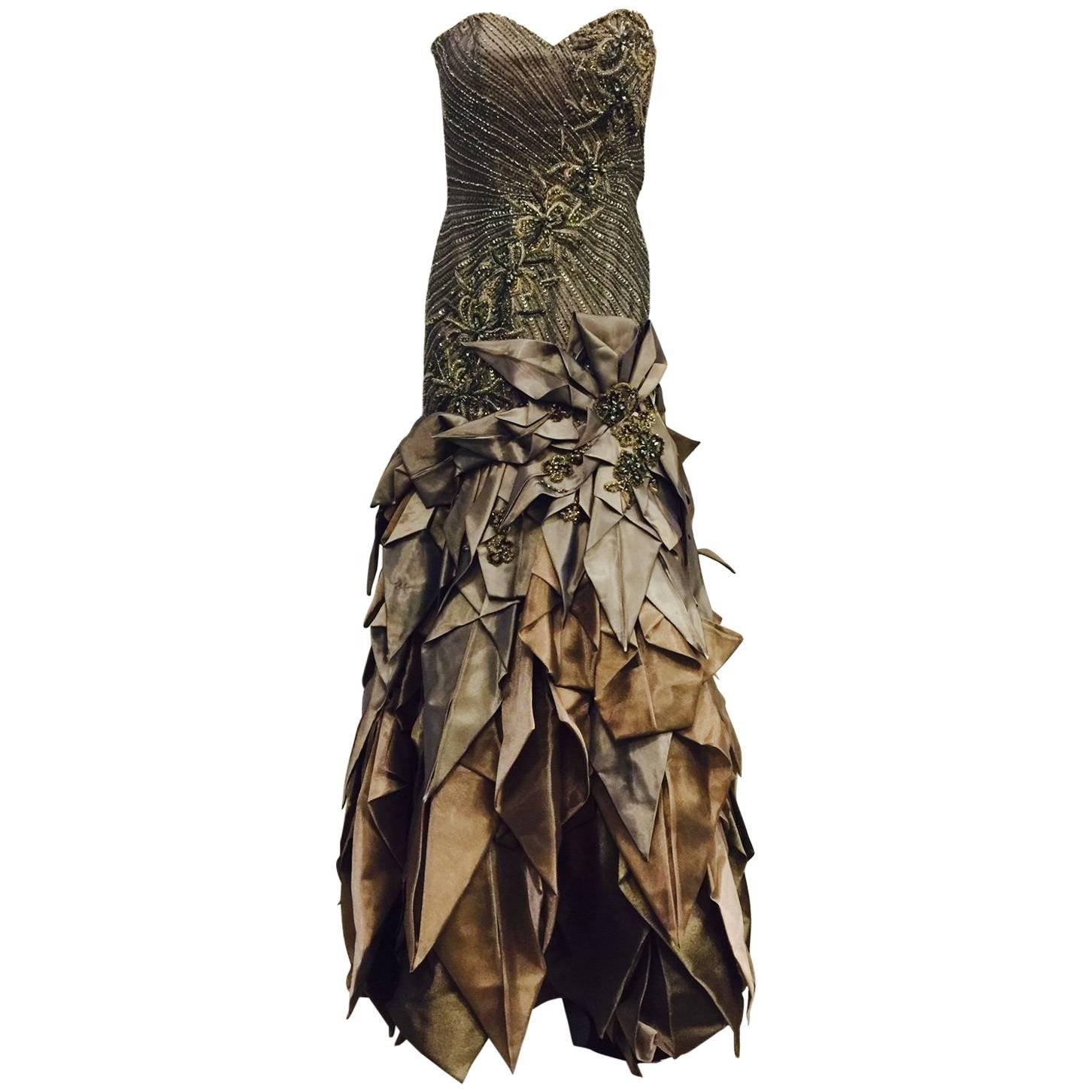 Stephen Yearick Beaded Strapless Evening Gown With Iridescent Folded Skirt  For Sale