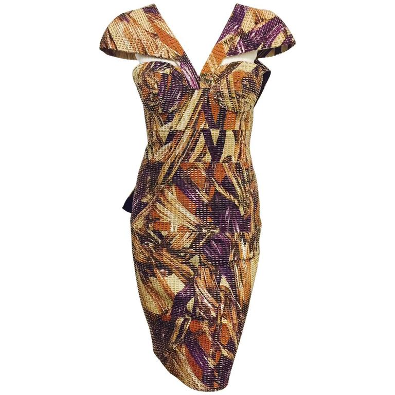 Carolina Herrera Beaded Multi Colored Abstract Print Cocktail Dress ...