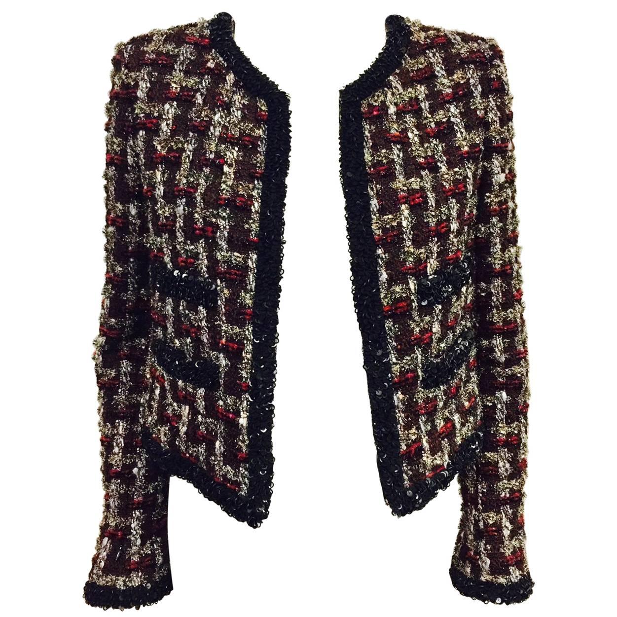 Chanel 2002 Fall Cropped Holiday Tweed Jacket W Matte & Shiny Sequin Trim For Sale