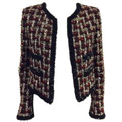 Chanel 2002 Fall Cropped Holiday Tweed Jacket W Matte & Shiny Sequin Trim
