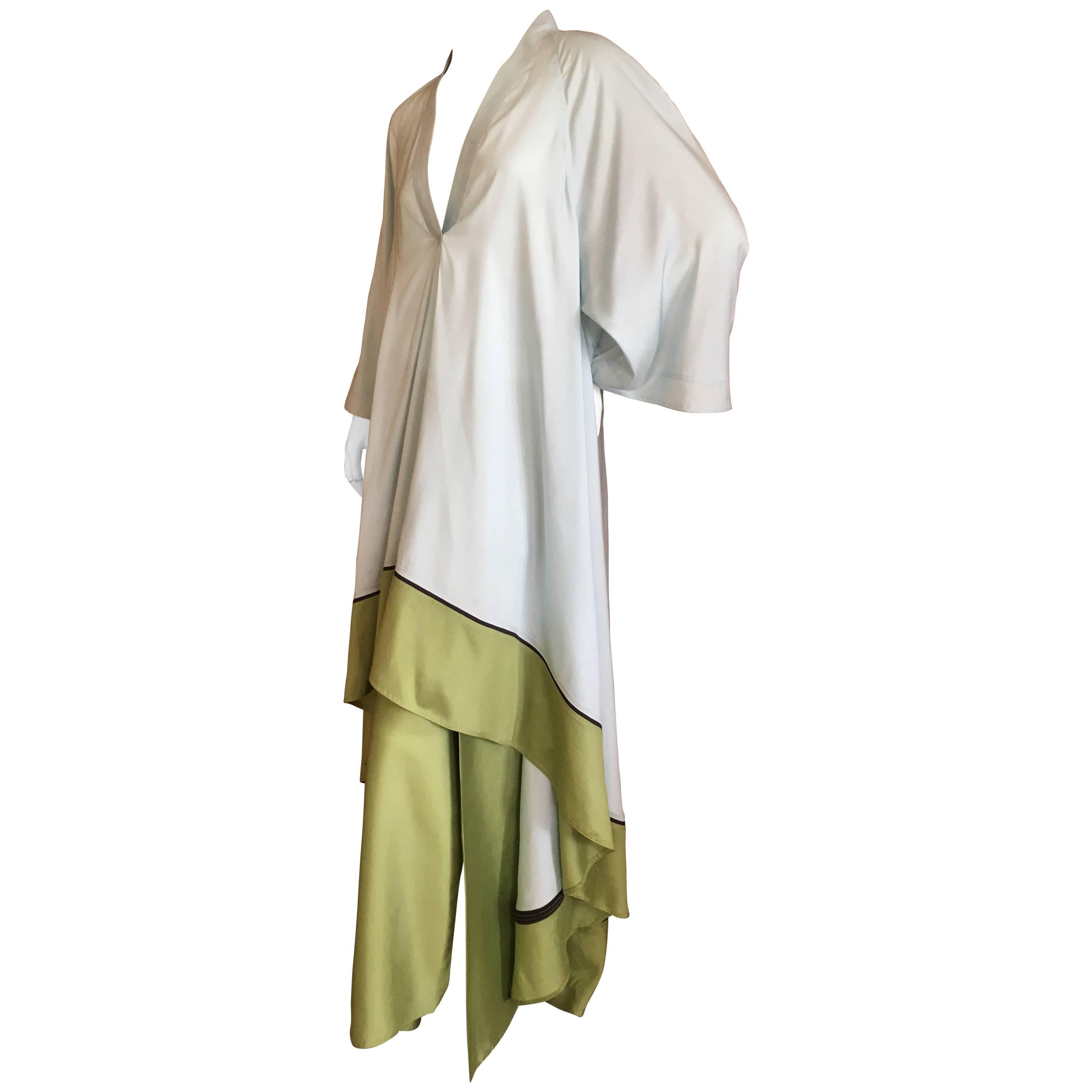 Chado Ralph Rucci Silk Turquoise & Green Caftan and Matching Wide Leg Pant For Sale