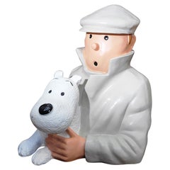 Tintin and Snowy Belgian grey beige sculpture , Hergé
