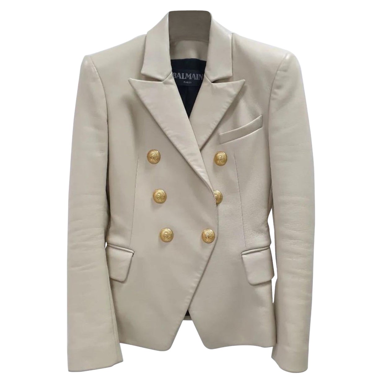 Balmain Giacca Blazer doppiopetto in pelle beige in vendita