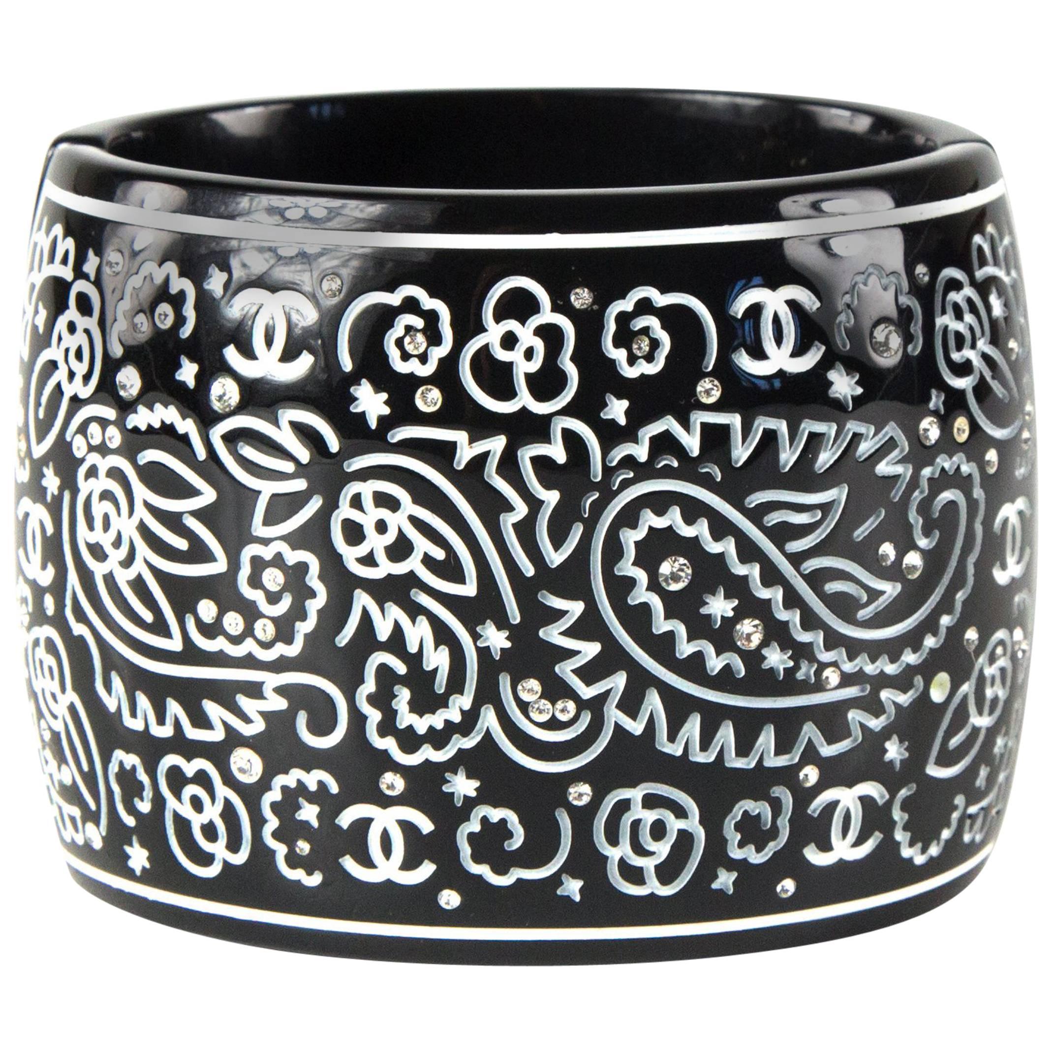 Chanel Crystal Cuff CC Paisley Wide Bracelet - Black & White Carved Bangle 09P