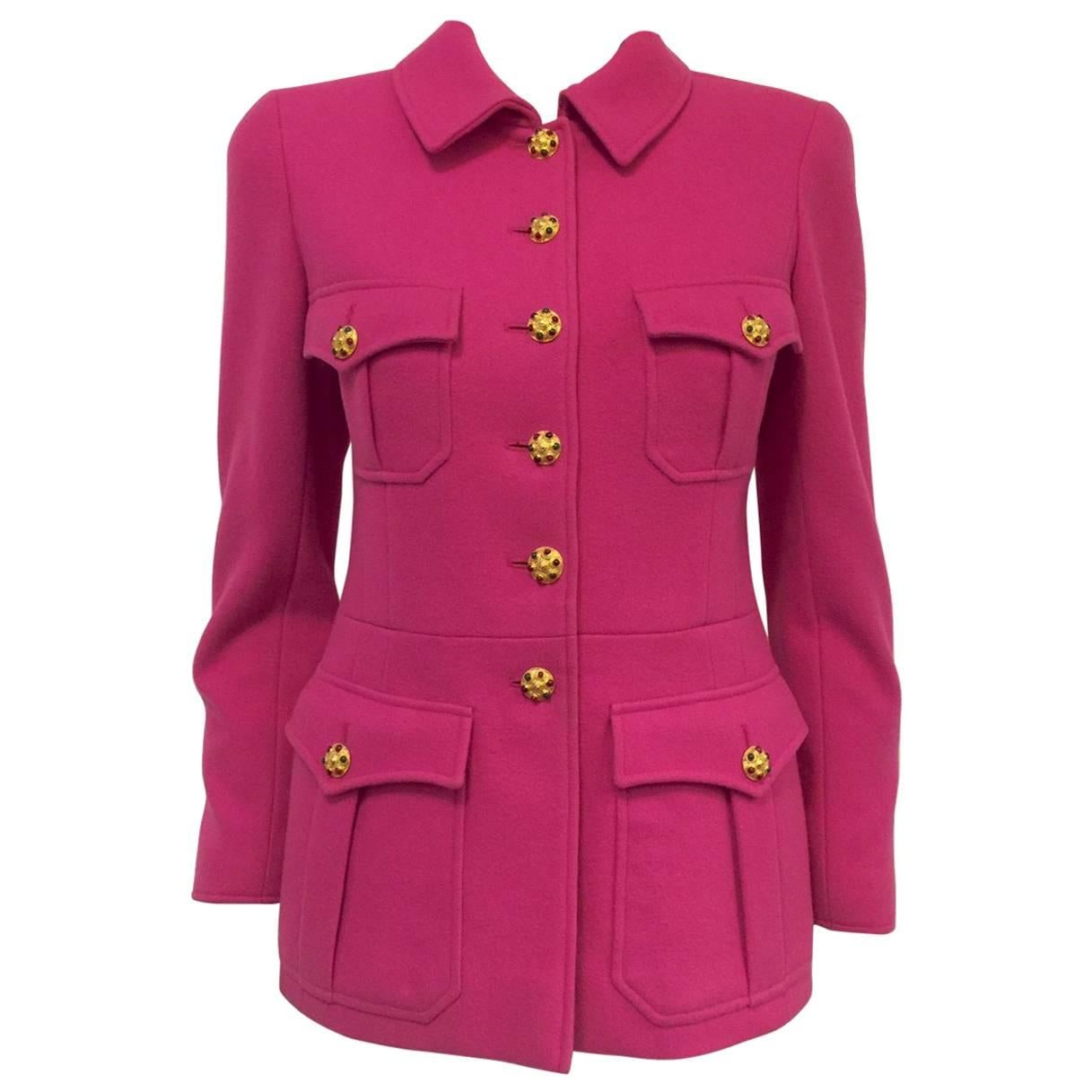 Chanel Boutique 1996 Fall Fuchsia Wool Military Jacket With Gripoix Buttons  For Sale