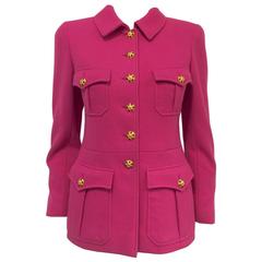Chanel Boutique 1996 Fall Fuchsia Wool Military Jacket With Gripoix Buttons 