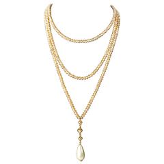 Chanel Pearl Necklace - Long 72" Tassel Pendant Charm CC Gold Drop Vintage 94P