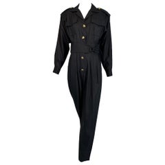 Vintage 1980s Lord & Taylor Matte Tailored Black Silk Jumpsuit with Gold Buttons 
