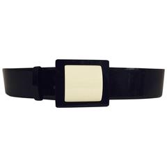 2007 Chanel Black Patent Wide Belt With Black and White Color Blocked Buckle