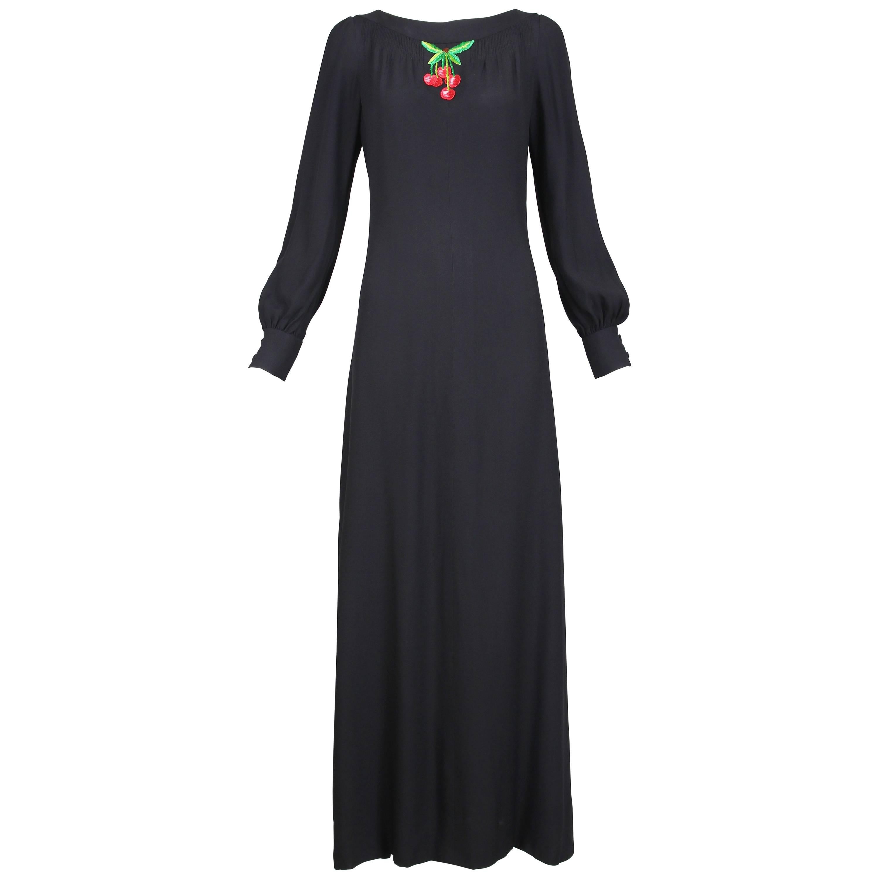 1970s Valentino Black Maxi Dress With Pin Tucks and Embroidered Cherry Applique