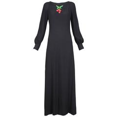 1970s Valentino Black Maxi Dress With Pin Tucks and Embroidered Cherry Applique