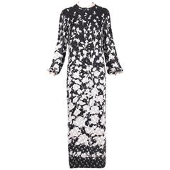 1976 Pauline Trigere Black & White Silk Floral Print Robe Dress W/Velvet Texture 6