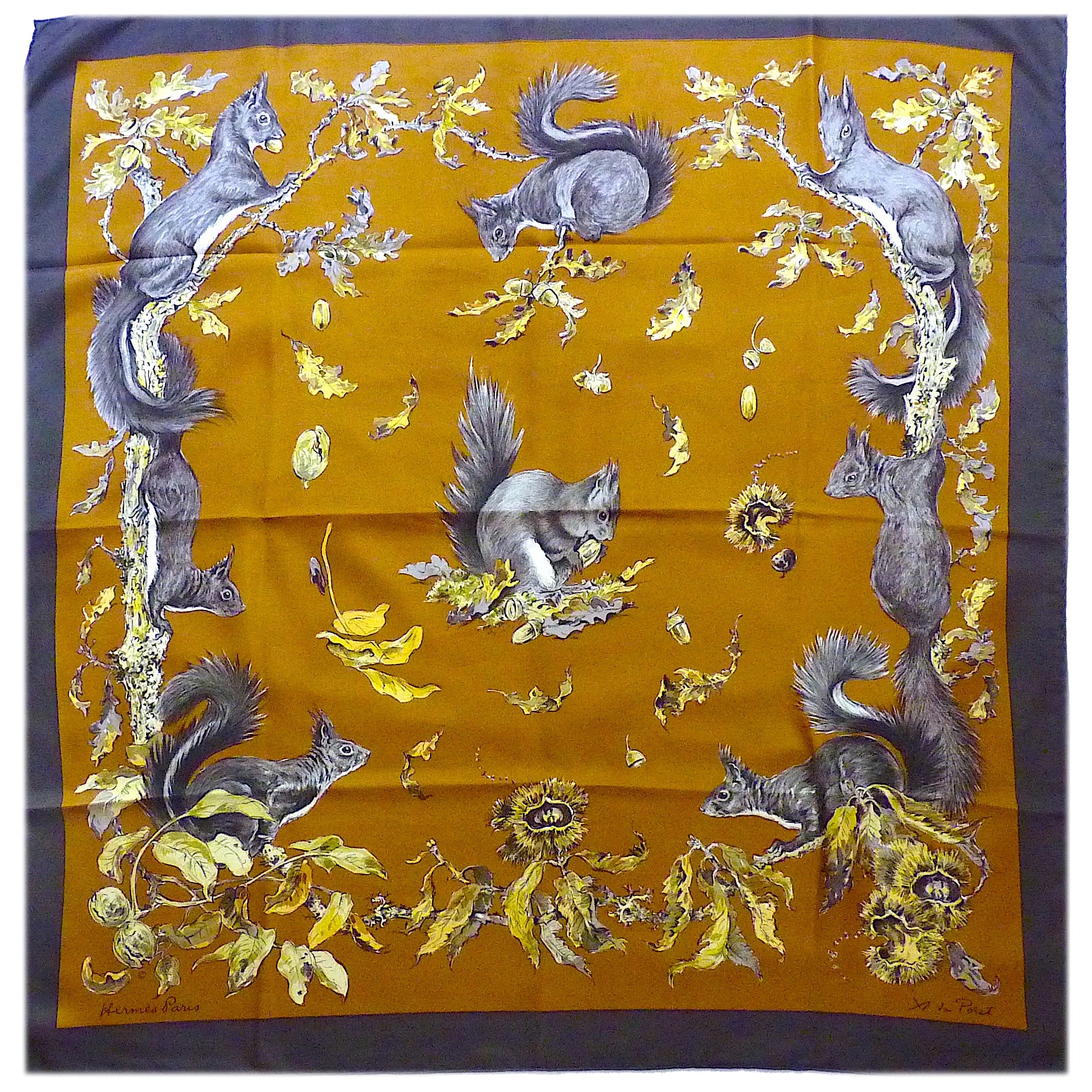 Hermes Scarf ECUREUILS by Xavier de Poret One Single Edition in 1966