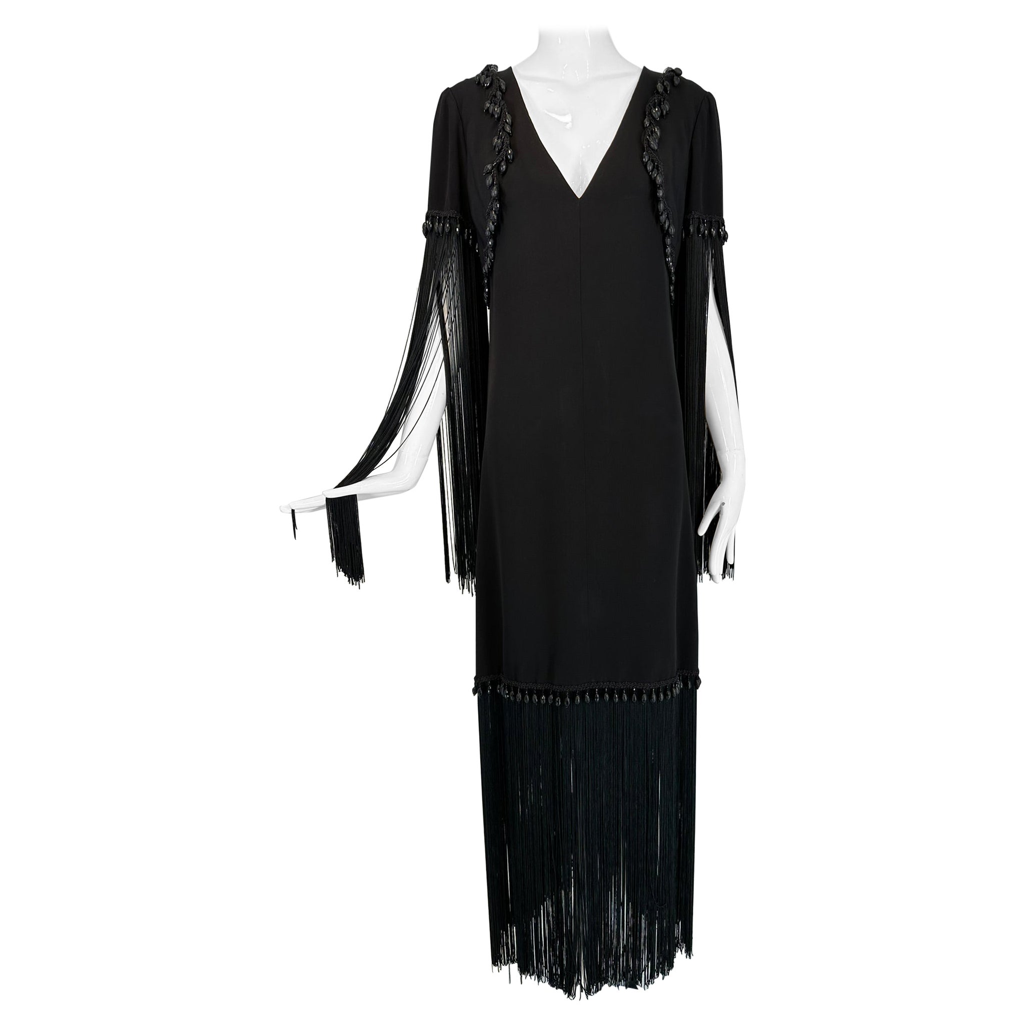 Dimitri Kritsas Haute Couture New York 1960s-70 Black Bead & Fringe Evening Gown For Sale