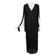 Retro Dimitri Kritsas Haute Couture New York 1960s-70 Black Bead & Fringe Evening Gown