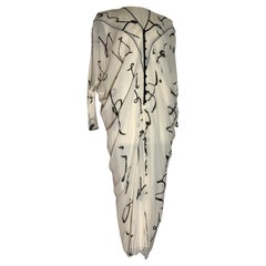 Vintage 1980s Cream Silk Chiffon Calf-Length Caftan Dress w Black Calligraphy Print