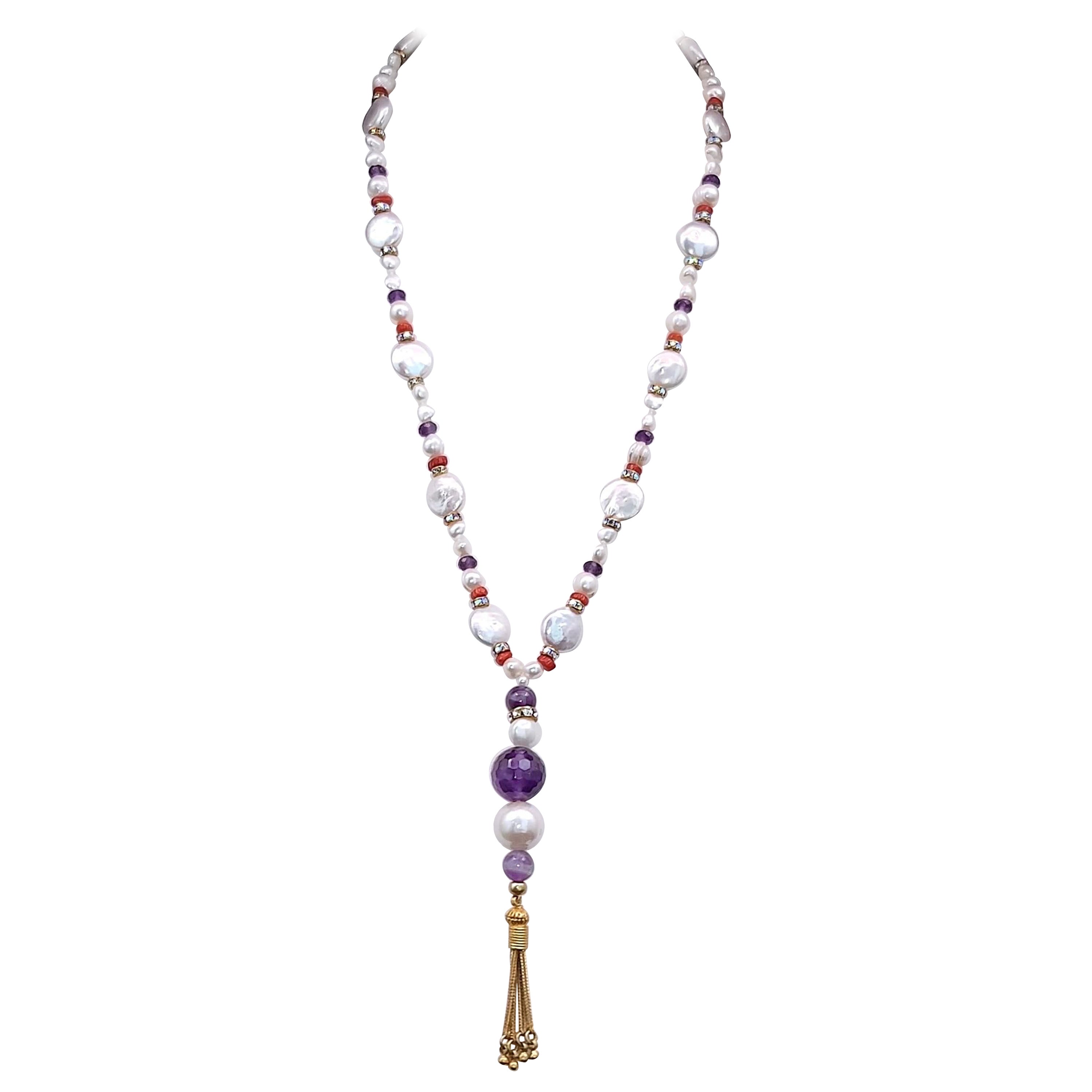 A.Jeschel Luxury Long Pearl and Amethyst necklace For Sale