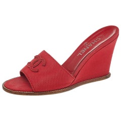 Used Chanel Red Canvas CC Wedge Slide Sandals Size 38.5