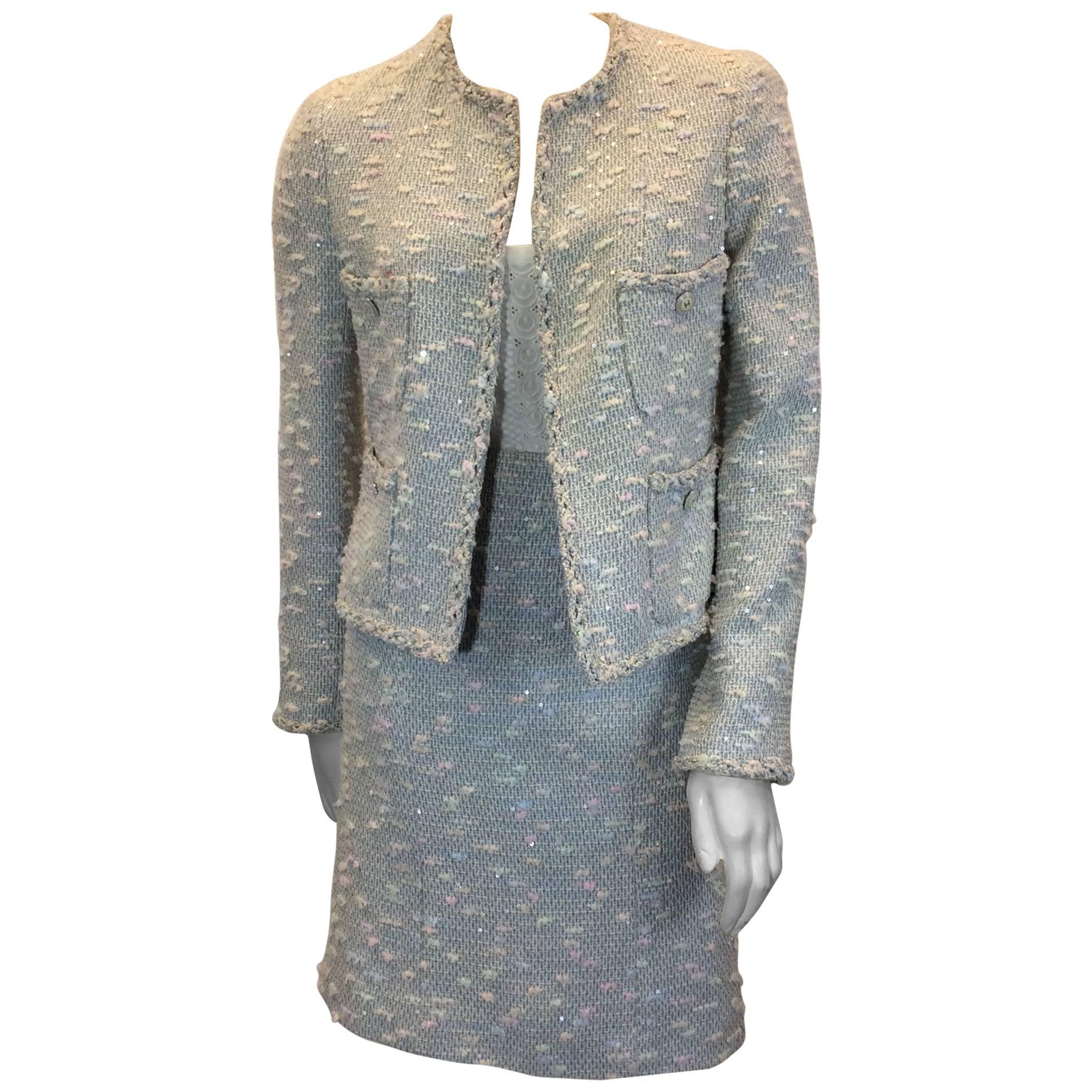 Chanel Blue Sequined Skirt Suit For Sale