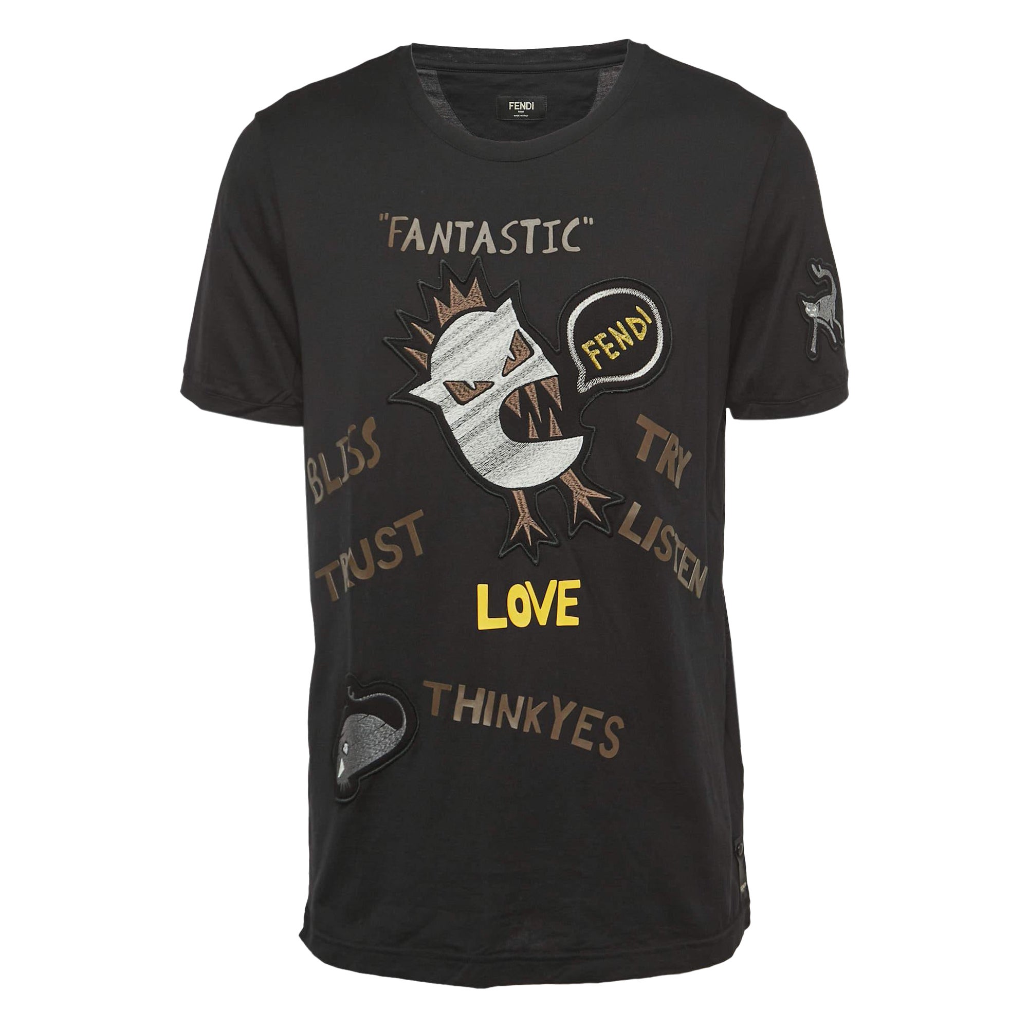 Fendi Black Cotton Applique Detailed Half Sleeve T-Shirt XXL For Sale