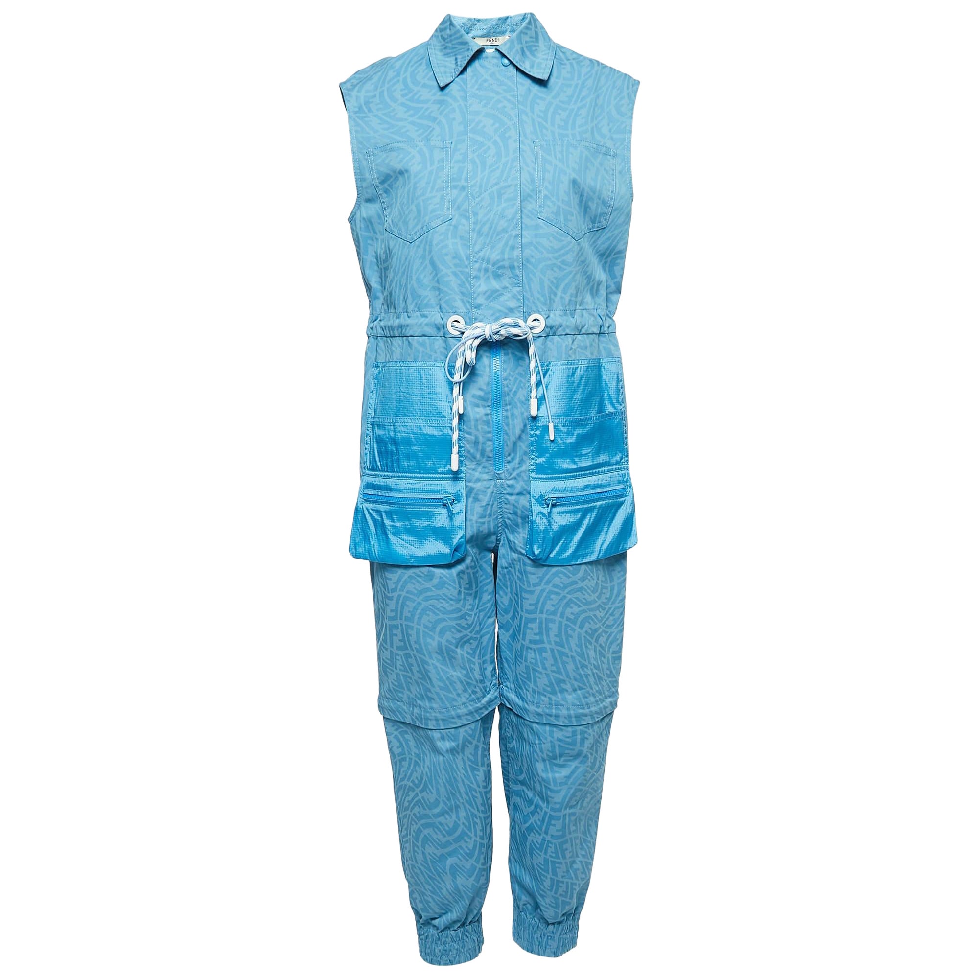 Fendi Blue Vertigo Print Cotton Drawstring Waist Sleeveless Jumpsuit S For Sale