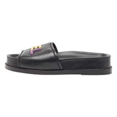 Chanel Noir Cuir CHA NEL Letter Logo Flat Slides Taille 40