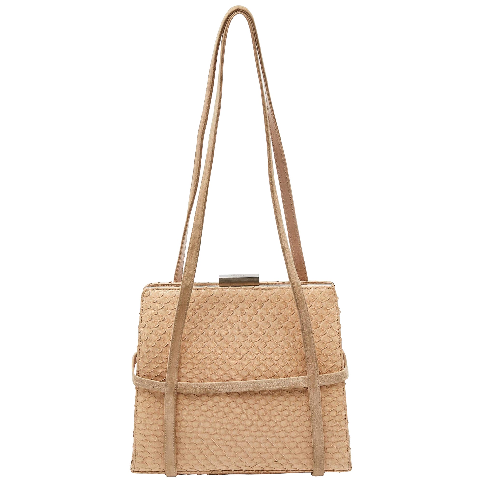 Bally, sac à bandoulière en cuir et daim à cadre métallique beige serpent d'eau