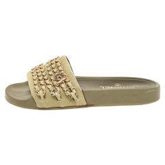 Chanel Green Canvas CC Chain Embellished Flat Slides Size 37