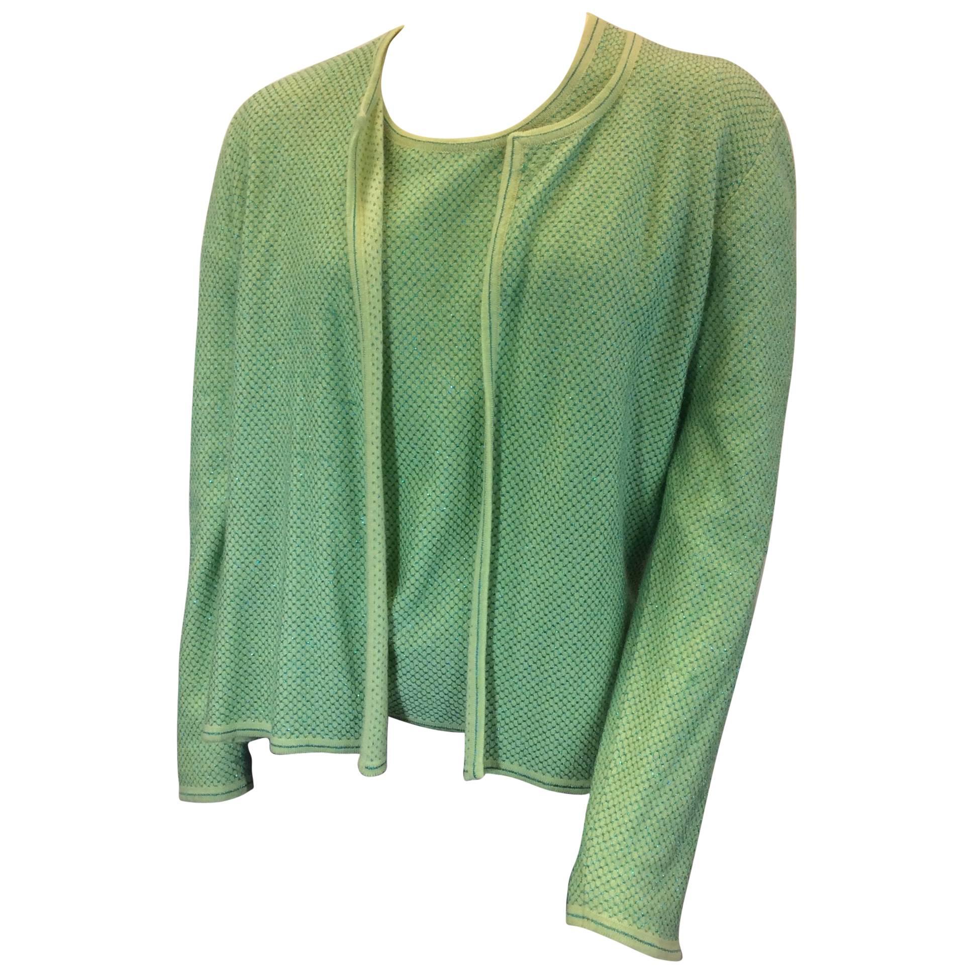 Chanel Green Cashmere Cardigan Set with Blue Metallic Print For Sale