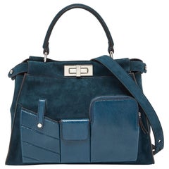 Fendi Blue Watersnake Leather and Suede Regular Peekaboo Top Handle Bag