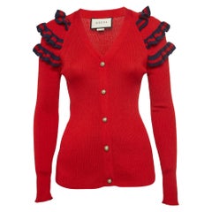 Gucci Red Knit Ruffled Buttoned Cardigan S