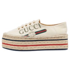 Used Gucci Cream Canvas Logo Platform Espadrille Flats Size 37.5