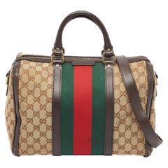 Gucci Sac Boston vintage en toile et cuir beige/marron GG, taille moyenne