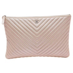 Chanel Pearl Beige Chevron Caviar Leather Large O-Case Zip Pouch