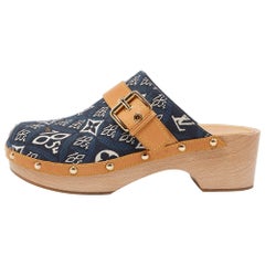 Louis Vuitton Navy Blue/Tan Printed Canvas & Leather Cottage Clog Mules Size 38