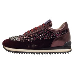 Used Le Silla Purple Velvet and Leather Crystal Embellished Low Top Sneakers Size 39